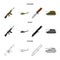 Assault rifle M16, helicopter, tank, combat knife. Military and army set collection icons in cartoon,black,outline style