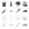 Assault rifle M16, helicopter, tank, combat knife. Military and army set collection icons in outline,monochrome style