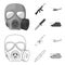 Assault rifle M16, helicopter, tank, combat knife. Military and army set collection icons in outline,monochrome style