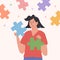 Assembling puzzle, finding right decision idea flat vector. Holding two suitable jigsaw pieces. Connect together. Woman