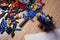 Assembling a toy constructor by a child. Colorful construction kit for boys and children