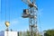 Assembly crane. Installation work during the installation of a tower crane. Fastening a metal element to a tower crane. The