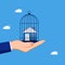 Asset control. Restrict or lock the house in the birdcage. business and investment concept