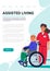 Assisred living concept. Old man in wheelchair and yound nurse. Vertical web page template. Social worker walking with