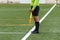 Assistant referee hold flag. closeup