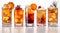 Assorted alcoholic cocktails with ice cubes and dressing on white background suitable for bar or nightclub.Macro.AI Generative