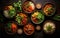 Assorted Asian Cuisine Dishes Served in Bowls on a Dark Table Background