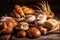 Assorted Baked Goods Such As Freshly Baked Bread, Loaves And Pastries On A Wooden Surface