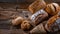 Assorted bakery products including loaves of bread and rolls