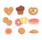 Assorted bakery treats collection, colorful doughnuts, cookies, pretzel, muffin. Sweet baked goods