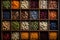 Assorted beans seen from above, neatly arranged in small wooden boxes