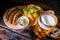 Assorted beer snacks with beer mug