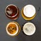 Assorted beers on a black background, top view. Overhead, from above