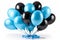 Assorted blue, black, and white balloons arranged beautifully on a clean white background