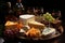 Assorted cheese types displayed appetizingly on wooden table, variety of cheeses in different shapes