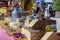 Assorted cheeses on market stall