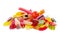 Assorted of chewy fruit candies on a white background.