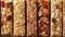 Assorted chewy granola bars displaying array of flavors and ingredients in close up shot
