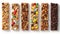 Assorted chewy granola bars displaying various flavors and ingredients in close up view