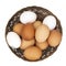 Assorted chicken, hens eggs in one basket isolated on white. Different colors: brown white and speckled.
