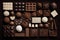 Assorted chocolate candies on dark background. Top view. Flat lay.