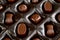 Assorted chocolates lying in a box. Background for products from chocolate and sweets. Dark chocolate