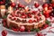 Assorted Christmas desserts and sweets. Panoramic table on rustic wooden background. Bandt cake, chocolate cake, mince pies,