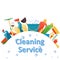 Assorted cleaning items set with brooms, bucket, mops, spray, brushes, sponges. Cleaning service. Cleaning accessories flat style