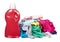 Assorted clothes with detergent bottle, loundry housework. Isolated