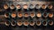 Assorted coffee mugs on wooden table, top view, rustic setting, appealing composition