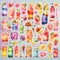 Assorted collection of 2D soft drink stickers in watercolor style, generated by AI