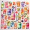 Assorted collection of 2D soft drink stickers in watercolor style, generated by AI