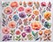 Assorted collection of colorful flower stickers in watercolor style for flower shop design background,