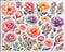 Assorted collection of colorful flower stickers in watercolor style for flower shop design background