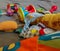 Assorted colorful baby toys scattered on play mat
