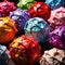 Assorted colorful crumpled paper balls, showing diverse discarded ideas