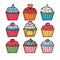 Assorted colorful cupcakes handdrawn illustration, topped icing decorations such hearts sprinkles