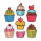 Assorted colorful cupcakes illustration featuring different toppings. Cupcakes cartoon set