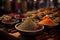 Assorted colorful dried spices placed on stall in local market. Generative AI