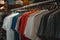 Assorted colorful t-shirts on hangers in a retail clothing store