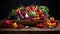 Assorted colorful vegetables in woven basket, texture and variety, warm natural light