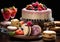 Assorted desserts and pastries with cakes and whipped cream and chocolate dessert in cafeteria.Macro.AI Generative