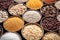 Assorted different types of beans and cereals grains. Set of indispensable sources of protein for a healthy lifestyle. Close-up.