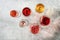 Assorted different wines in a glass, top view. White, rose and red wine on gray concrete background. Copy space