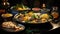 Assorted Dishes of Arabic Cuisine Middle Eastern Traditional Lunch Selective Focus Background