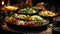 Assorted Dishes of Arabic Cuisine Middle Eastern Traditional Lunch Selective Focus Background