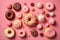 assorted donuts with chocolate frosted, pink glazed and sprinkles donuts. Neural network AI generated