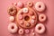 assorted donuts with chocolate frosted, pink glazed and sprinkles donuts. Neural network AI generated