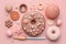 assorted donuts with chocolate frosted, pink glazed and sprinkles donuts. Neural network AI generated