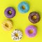 Assorted donuts with colorful icings on yellow background.